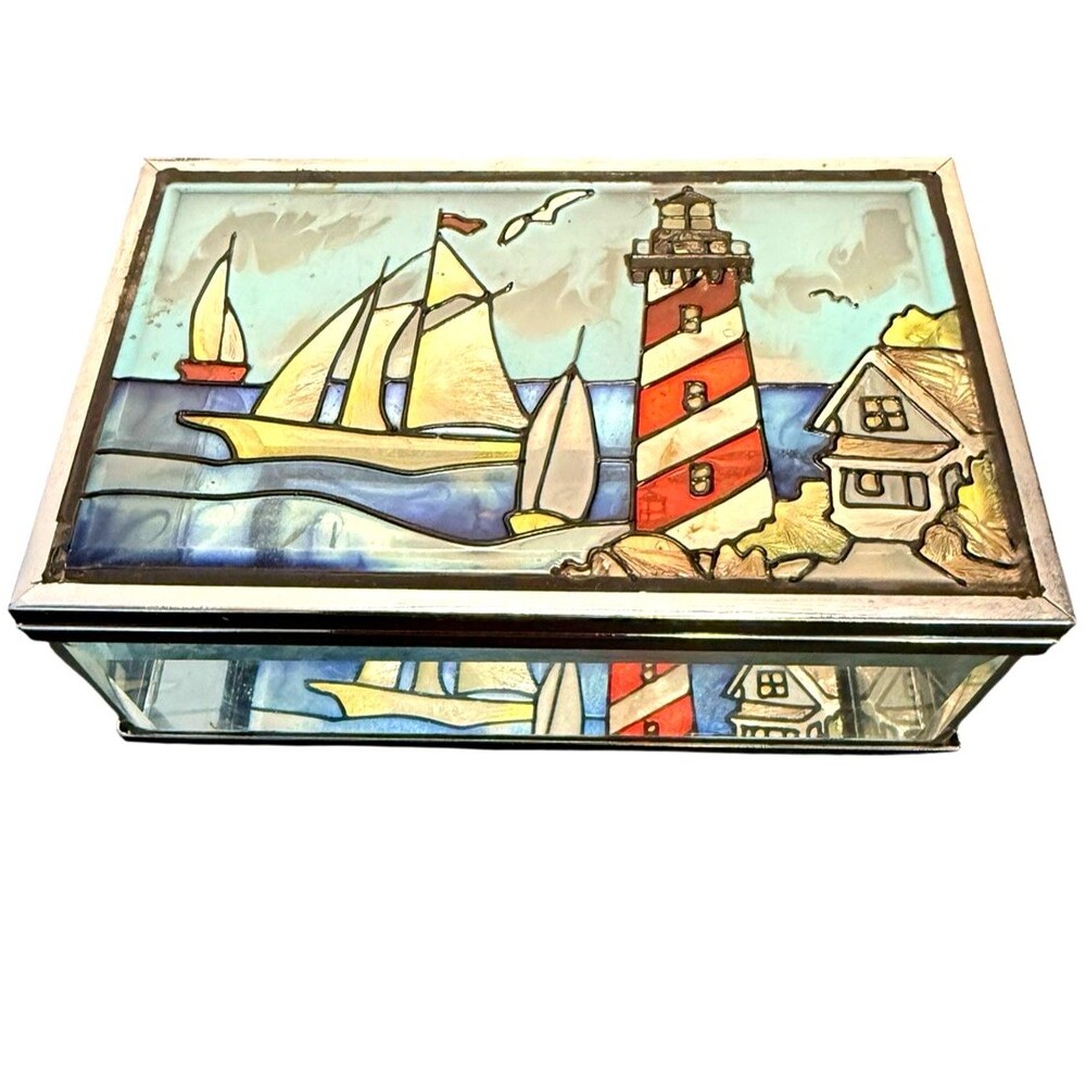 Joan Baker Designs Lighthouse Trinket Box Stained Glass Hand Painted Mirrored